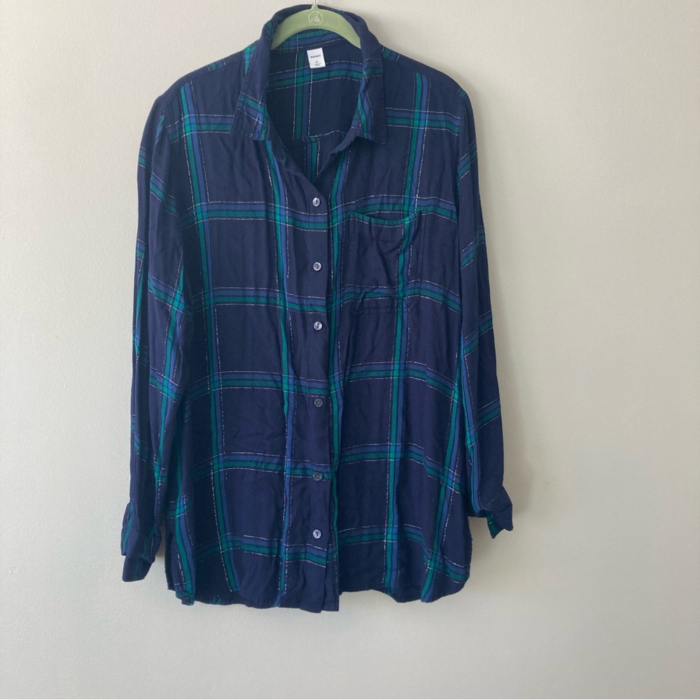 Old Navy Navy and Teal Plaid Shirt with Shimmer Strip